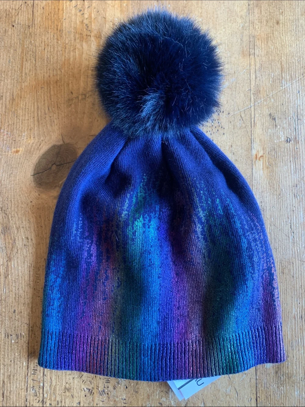 Adrienne Landau Womens Iridescent Navy Beanie with Pom